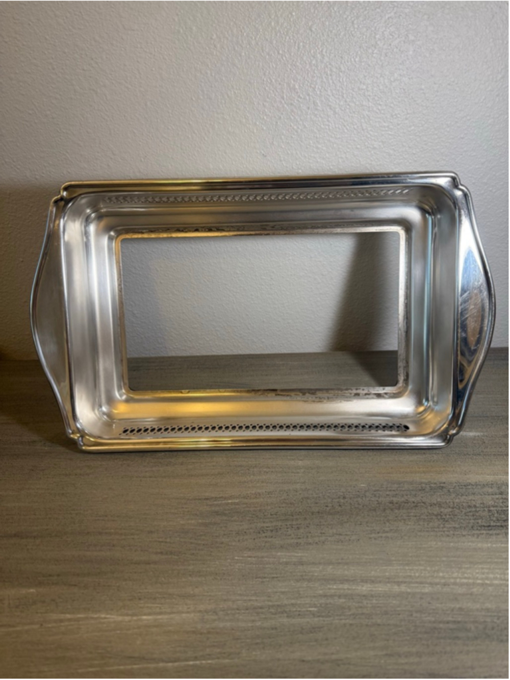 Vintage Silverplate Casserole Holder Tray Pierced Gallery Footed Fits Pyrex Dish